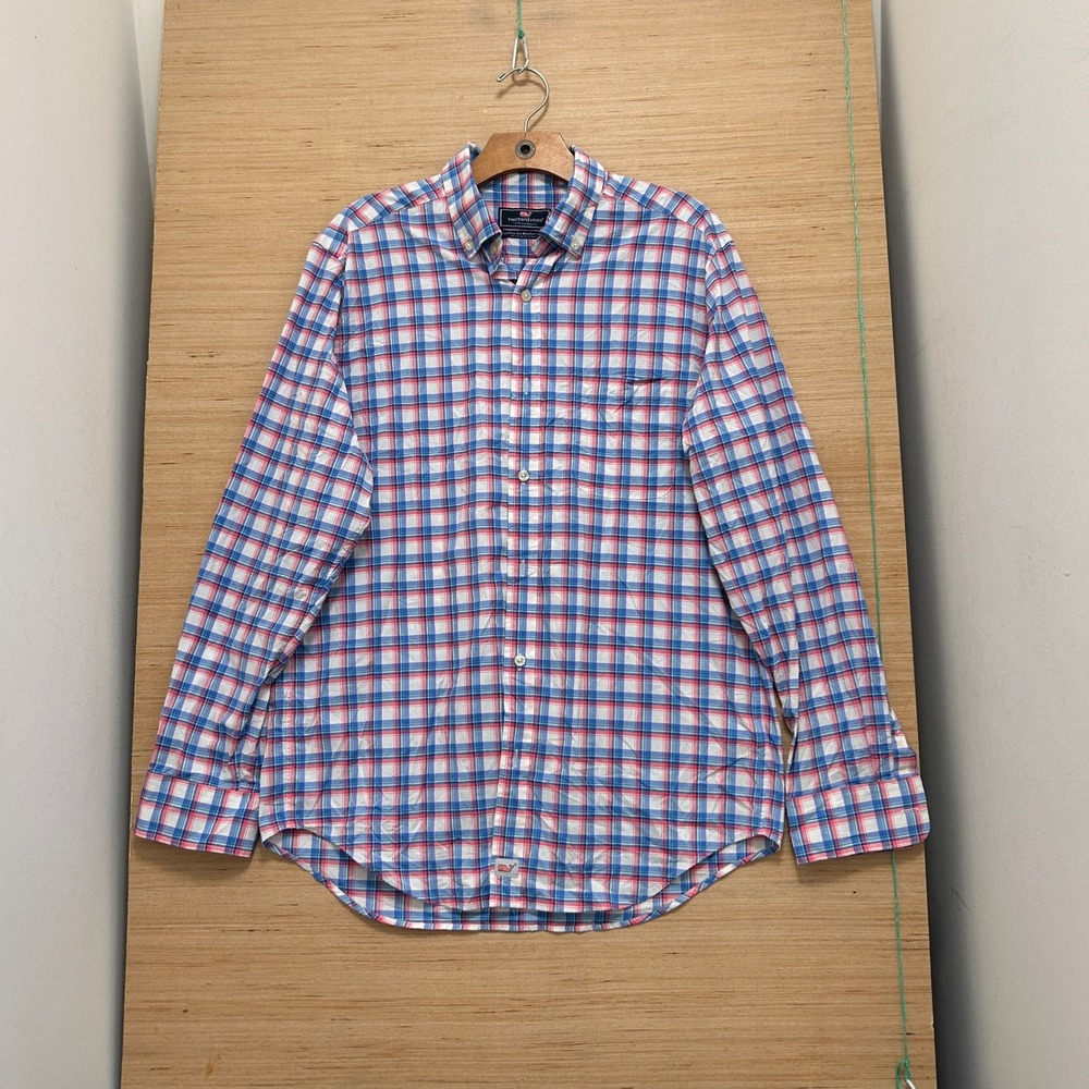 Vineyard Vines Performance Classic Fit Murray Shirt Plaid Blue Pink Mens Medium